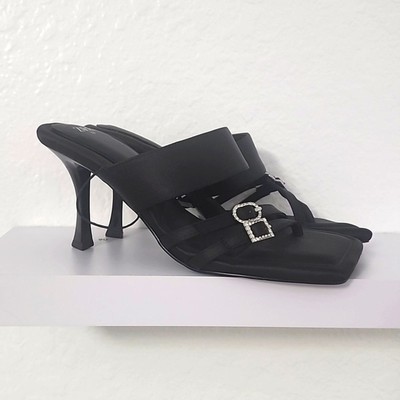 Zara New Heeled Black Mule Sandals With Rhinestone Buckles.  Size US 8. EU 39
