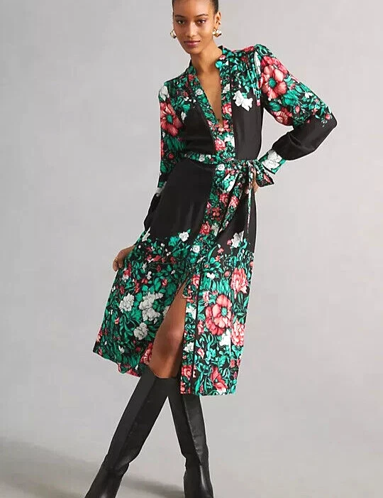 VETEMENTS Anthropologie Camicia Midi Vestito Camicia Cintura Nero Verde Floreale Taglia XS NUOVA CON ETICHETTE