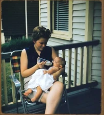 Stereo Realist Slide - Mom feeding newborn baby at porch - 50s Kodachrome