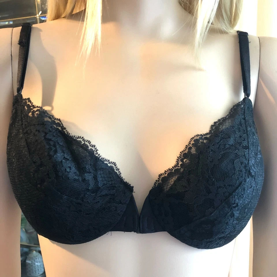 Sujetador de encaje negro adorable vintage talla 36B acolchado gancho frontal cierre agujero en correa Foto 2 de 4