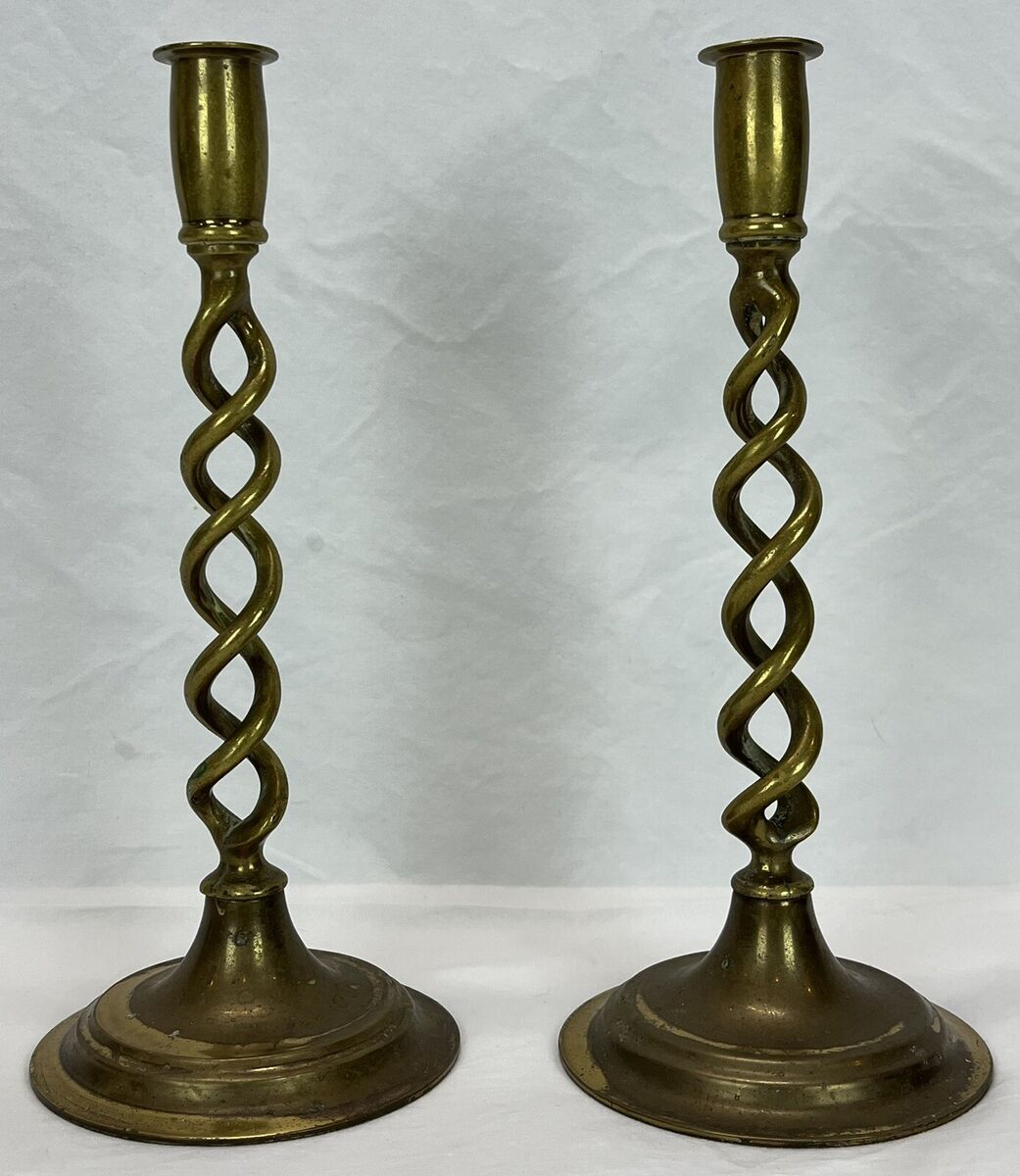 Pair Antique Brass Open Barley Twist Candlesticks Candle Holders