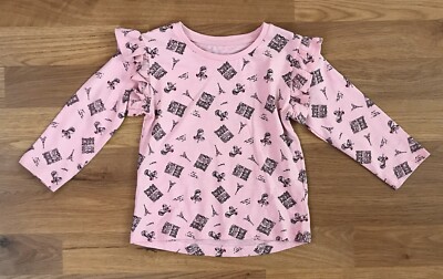 Matalan Long Sleeve T-Shirt Girls 9-12Months Pink Paris Pattern Frilly Shoulders