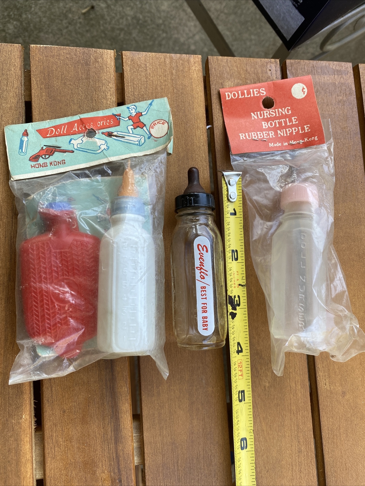 3 Plastic & Glass Baby Doll Bottles 3" For antique bisque or