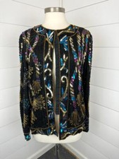 Vtg Laurence Kazar Stunning Beaded Silk Jacket Womens M Black Evening Lined