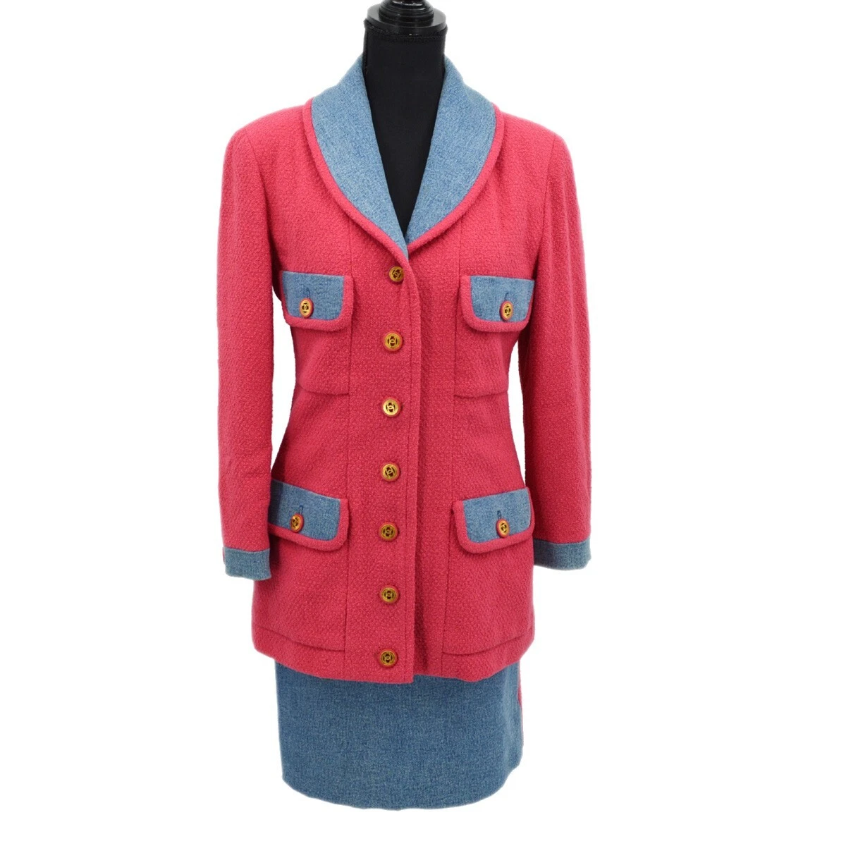 CHANEL 26 #40 CC Button Setup Suit Jacket Skirt Indigo Pink 66146