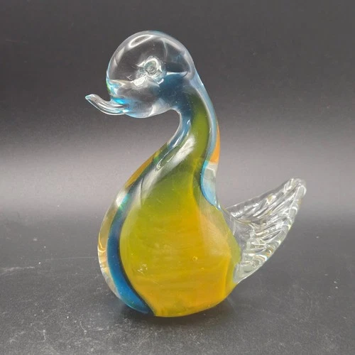 Cute Vintage Murano Swan/ Duck duckling Art Glass Sommerso 4.5" Yellow Blue