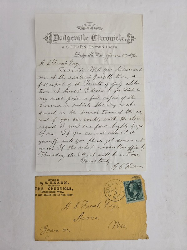 1874 antique DODGEVILLE CHRONICLE wi LETTER A S FROST re 4TH of JULY als HEARN