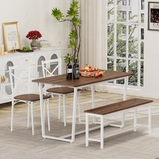 Modern 4-Piece Metal Frame Dining Set with Wood Kitchen Table & Bench & 2 Chairs