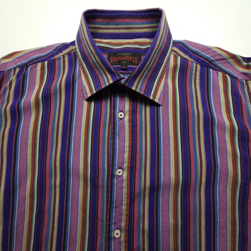 VTG Dragonfly Men Shirt XL Purple Blue Striped Flip Cuff Rock N Roll Vision Club - Image 3 of 4