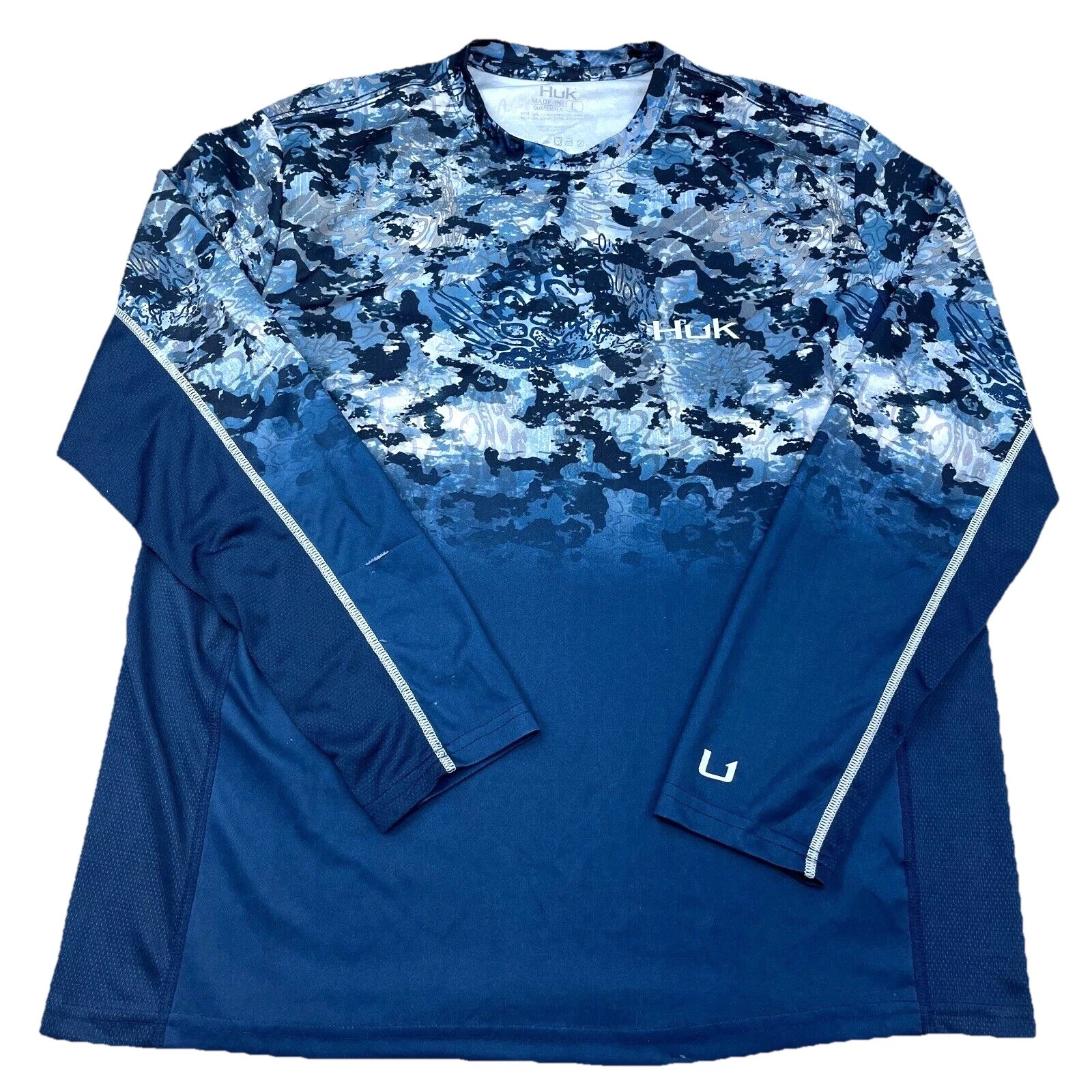 Huk Shirt Men Large Blue Water Camo Tee Quick Dry Performance Fishing Adult *