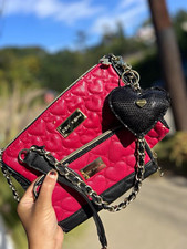 Betsey Johnson Women’s Pink Black Heart Quilted Zip-Around Wallet Chain Charm