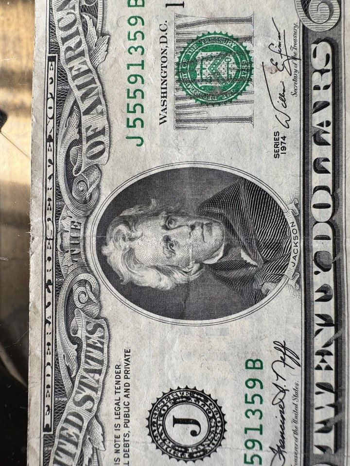 Error 1974 Series Miscut Misprint Error Jackson Twenty Dollar Bill J 55591359 B - Image 3 of 4
