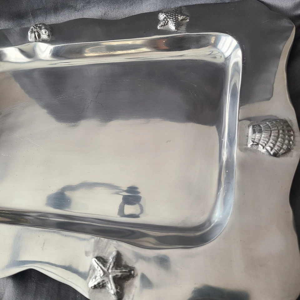 Ihi Serving Tray Plate Pewter Metal 17.5x12.5" Silver Tone Hand India Shiny READ - Image 3 of 4