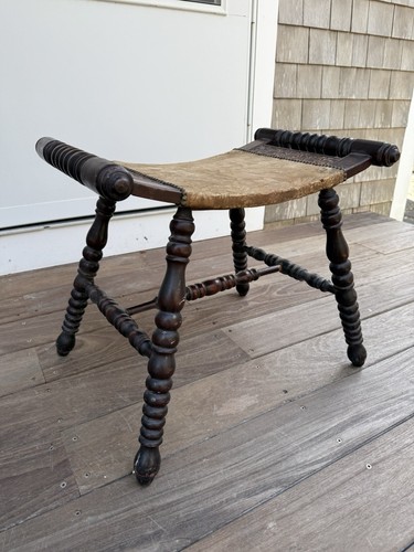 VINTAGE HITCHCOCK STYLE WOODEN FRAME RUSH SEAT BENCH FARMHOUSE Stool Saddle