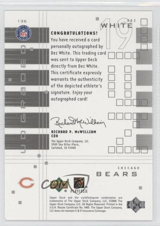 2000 UD Graded UD Rookie /500 Dez White #136 Rookie Auto RC - Image 2 of 2