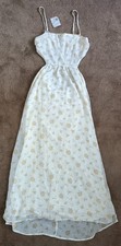 Forever 21 Women's Cream Yellow Floral Maxi Dress Spaghetti Strap Ruffle Lined M