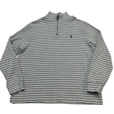 Polo Ralph Lauren Sweater Mens L Gray Striped 1/4 Zip Mock Neck Preppy Old Money