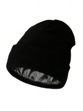 Men s Black Satin Lined Winter Beanie Knitted Watch Hat with Silk Lining