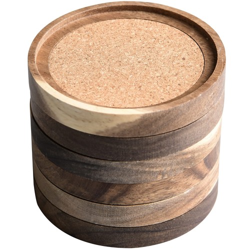 Set Of 6 Acacia Wood Coasters With Cork Backing - 4.13 Inch, Rustic Drink Holders - View #8