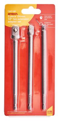 Amtech 3Pc Long Impact Drill Bit Socket Adapter Set Extension Bar 1/4'' 3/8'' 1/2''