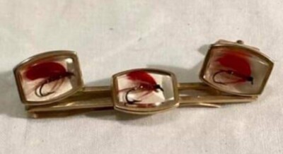 Vtg Real Fly Lure Lucite Cufflinks Tie Clasp Anson Goldtone Mens Jewlery Fishing