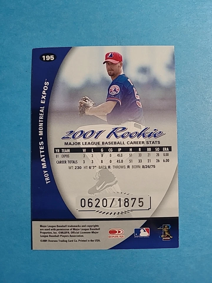 Troy Mattes Donruss Class Of 2001 Baseball Card # 195 Serial # 0620/1875 I3962 - Image 2 of 2