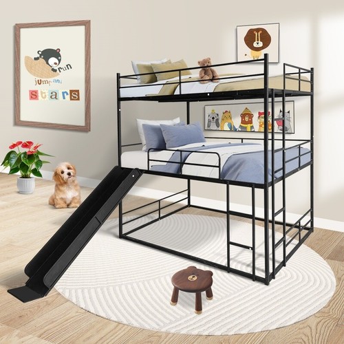 Full Size Loft Bed Metal Bunk House Bed With Slide and Ladder Bedroom Black - Picture 3 of 18