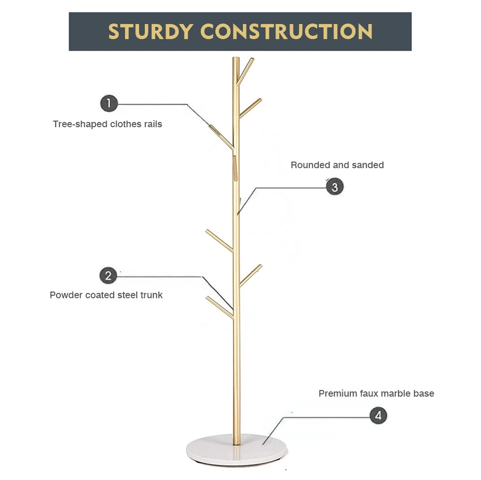 Coat Rack Steel Clothes Stand Tree Hanger Hat Garment Hook Organizer Marble Base - image 3 of 4