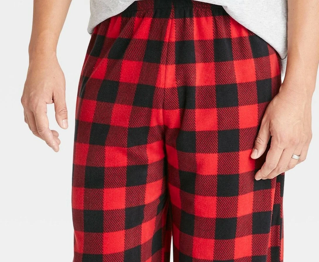 Wonder Mens Pants Pajamas L LG Buffalo Plaid Red & Black Fleece Lounge NEW