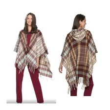 NWT Style Collective Poncho Ruana Cape Wrap Sweater Twill Plaid Hooded $58 OS