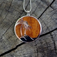 Hawaiian Jewelry Koa Wood Palm Tree Silver Rhodium Plated Brass Pendant BRP1010