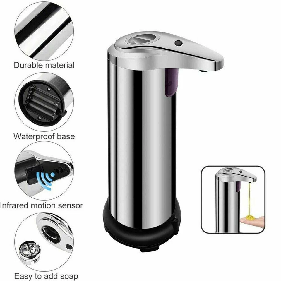 Dispensador de jabón sin contacto con sensor automático manos libres de acero inoxidable 250 ml cocina baño Foto 3 de 4