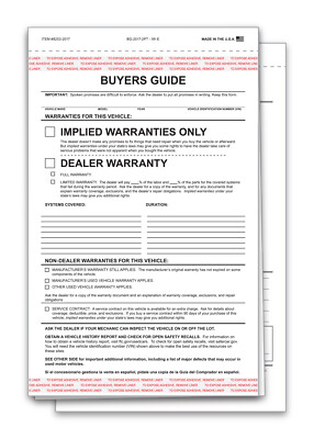 2 PART CAR DEALER BUYER GUIDE PACK OF 100 FORMS IMPLIED WARRANTY ADHESIVE