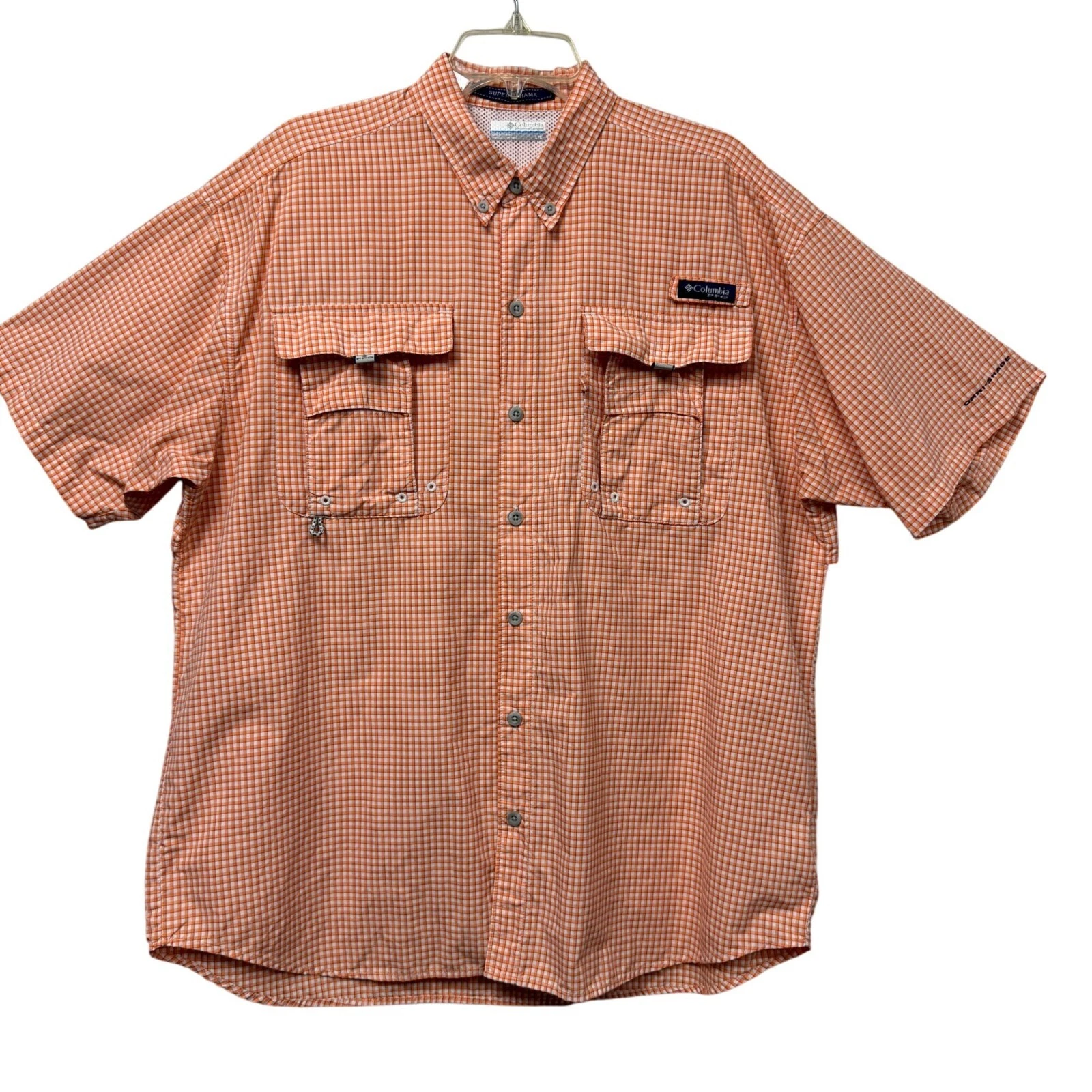Columbia PFG Bahama Short Sleeve Plaid Fishing Shirt Men’s L Orange