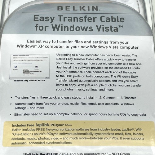 NEW Belkin Easy Transfer Cable for Windows Vista New/Sealed - F5U258 - Picture 3 of 3