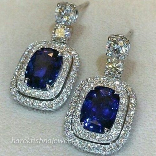Cushion Cut 4CT Lab Created Blue Sapphire Stud Halo Earrings 14K White Gold Over