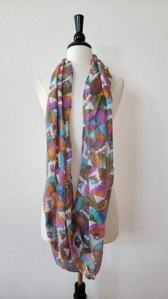 Anthropologie Infinity Scarf New Lightweight Blue Pink Geometric Sheer Boho - Image 2 of 3