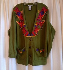 Marie Diamond Women's Size L Green Embroidered Beaded Cardigan Vtg 1992