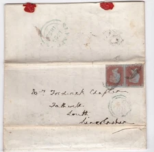 1852 QV PAIR OF 1d PENNY RED STAMPS ON BLANKNEY LINCOLNSHIRE LETTER TO LOUTH