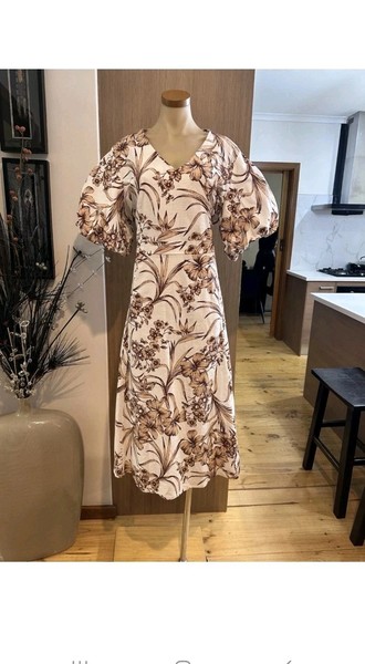 Serafina Ladies Linen Dress, Puff Sleeve, White Beige Floral, Size L-16