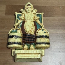 Antique Cast Iron Dutch Girl TV Match Safe Wall Pocket Holder Water Pail - Heavy