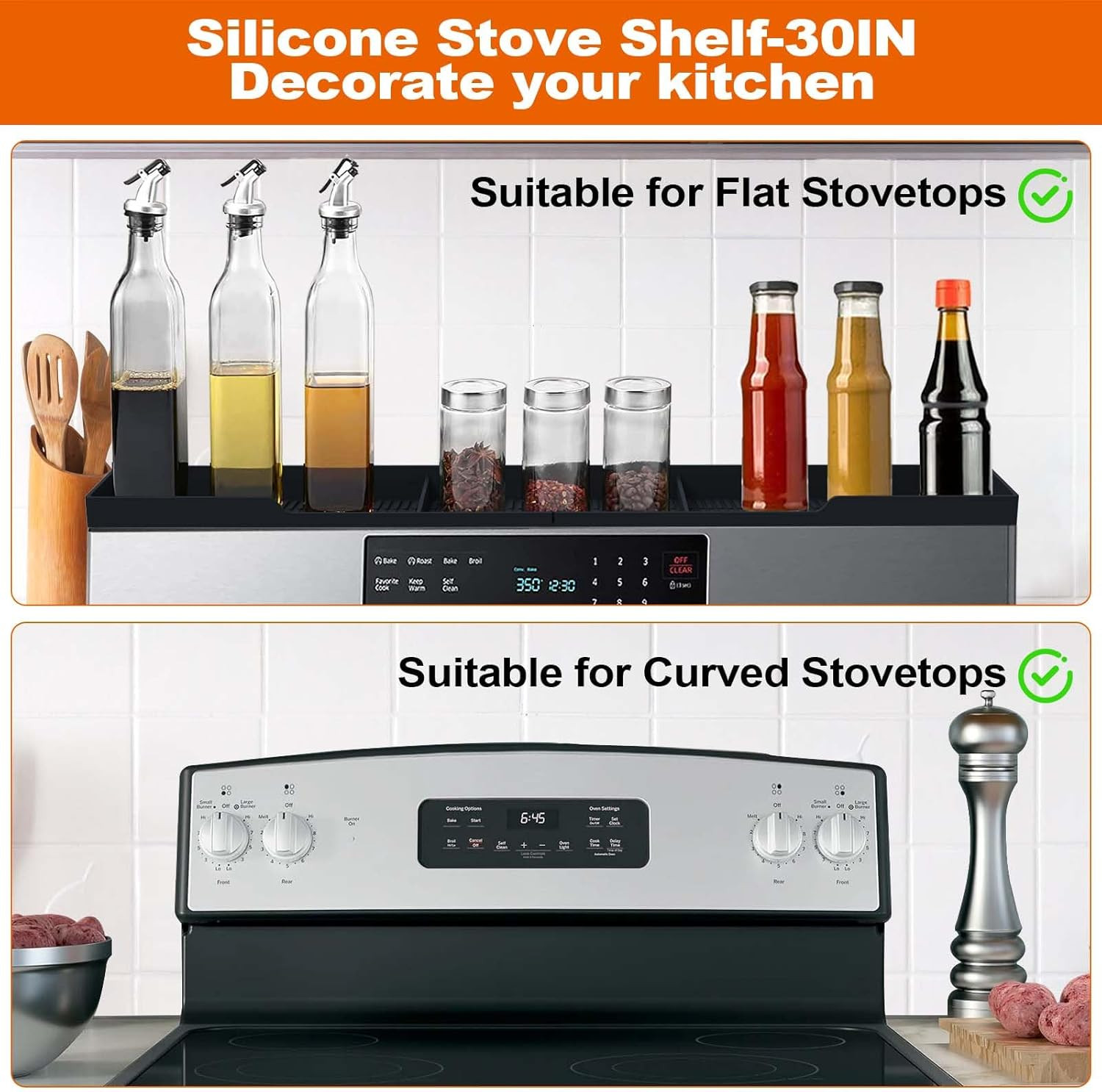 30" Stove Top Magnetic Shelf Silicone Spice Rack Organizer Black Kitchen