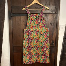 RUN & FLY.100% Cotton.Fine Cord Dungaree Dress.Flower Power.Bright/Bold.UK 12.
