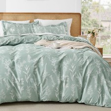 Duvet Cover Queen Size, Reversible Floral Green Duvet Cover Set with Zipper C...
