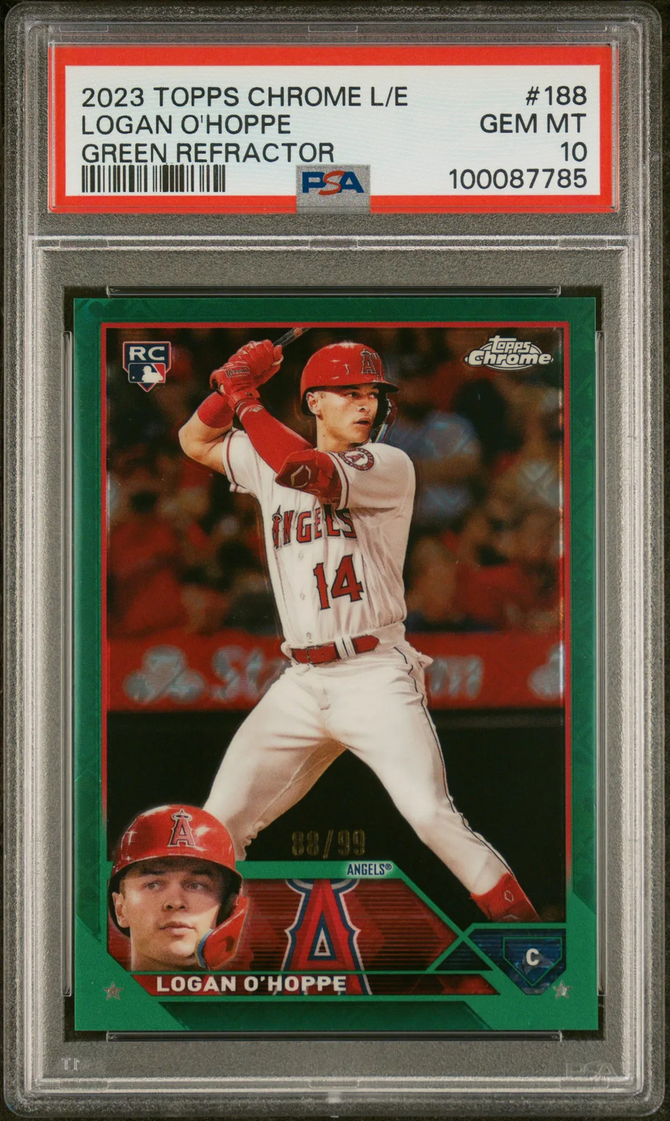 2023 Topps Chrome Logofractor Logan O'hoppe #188 Green Refractor /99 PSA 10