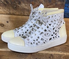 CHANEL Beige Patent Leather Laser Cut Floral Hi top Sneakers Women Sz 39 Italy
