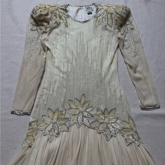 VTG 80s Oleg Cassini The Great Gatsby Silk Cream Sequins Beaded Dress 6 Party