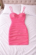 Fashion Nova Pink Mesh Ruched Bodycon Mini Dress. Women's S, Sleeveless, Zip