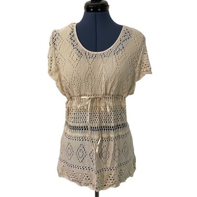 Vtg Faded Glory Org Beige Crochet Knit Empire Waist Tie Top Y2K Cottage XL 16/18