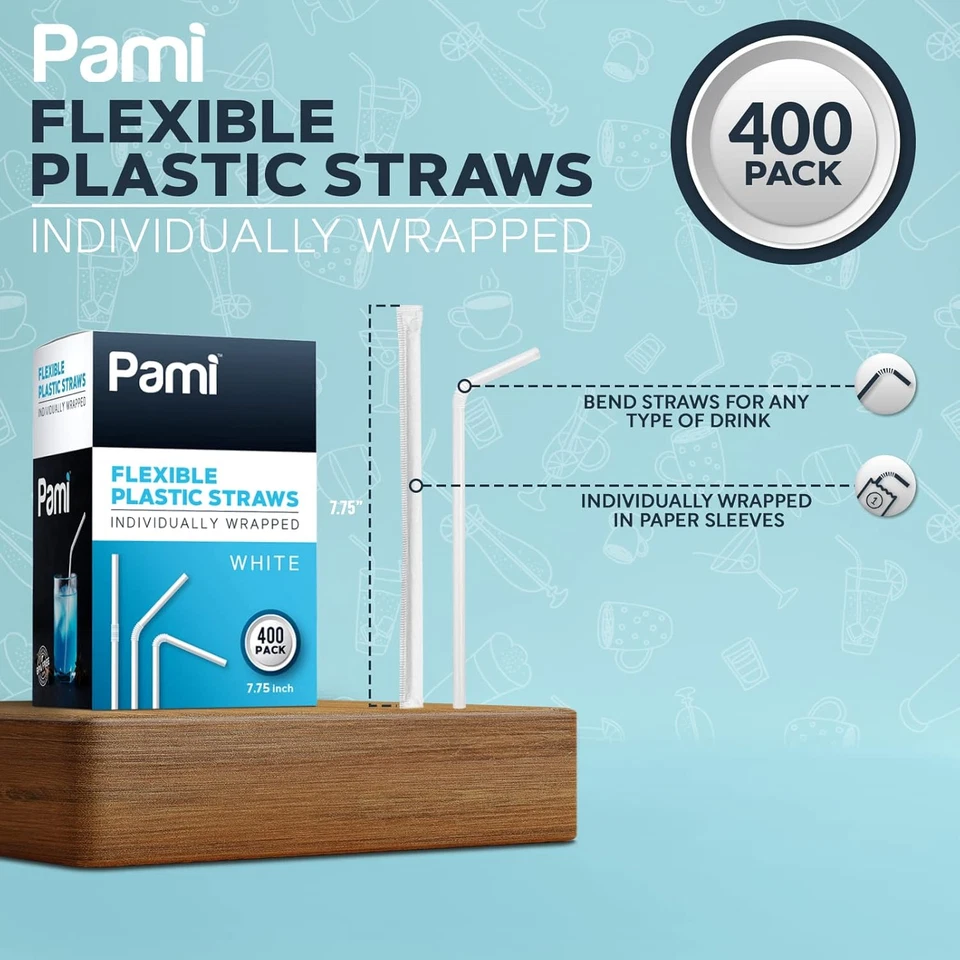 Flexible Plastic Bent Straws, Individually Wrapped [Pack of 400] - 7.75” White D - Image 2 of 4